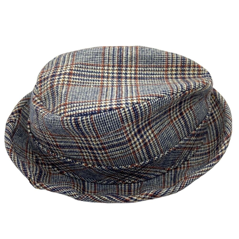 Pendleton Fedora Hat Grandpa Gray Navy Brown Plaid Virgin Wool Fitted Size 7-1/8